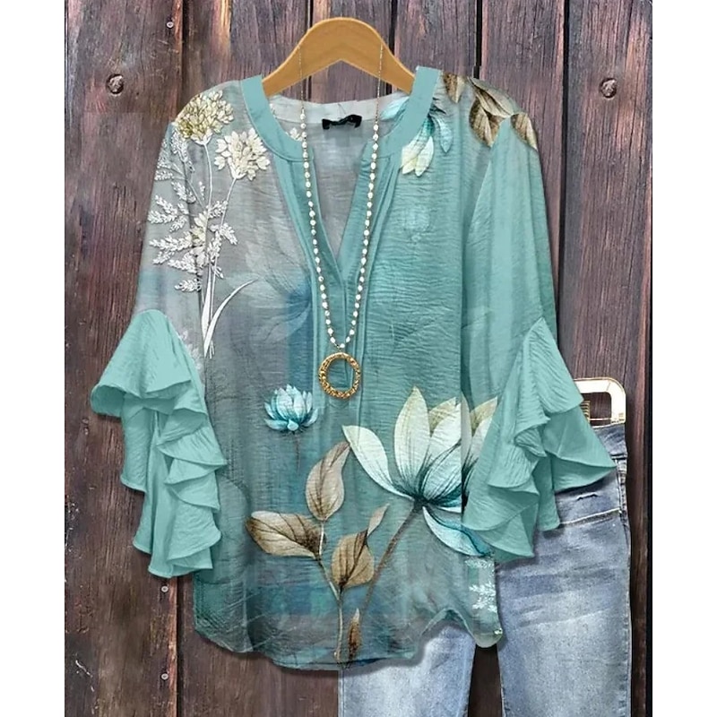 Women's Blouse V Neck Graphic Geometric Bohemia Vintage Daily 3/4 Length Sleeve Regular Tops Daily Holiday Vacation Wear Print Black White Yellow Green Khaki Summer Spring Fall