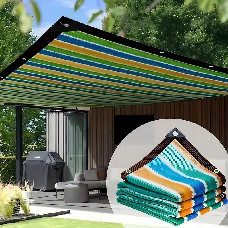 Sun Shade Net, High-Density Breathable Colorful Striped Durable Plastic Sunshade Cloth for Patio, Picnic, Carport, Garden, Porch Awning