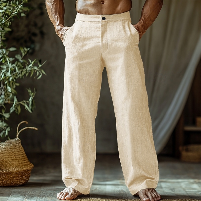 Men's Linen Pants Trousers Summer Pants Beach Pants Buttons Pocket Straight Leg Plain Comfort Breathable Vacation Daily Holiday Hawaiian Boho Black White2