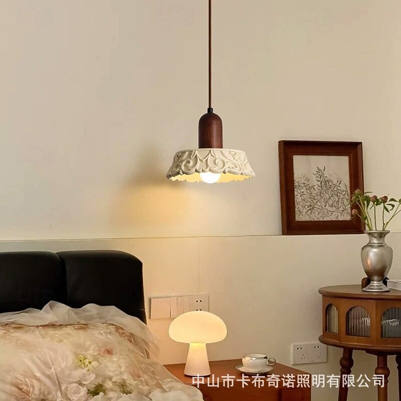 Nordic Beige Resin Pendant Light Pattern Carving with Wood Dining Room Bedroom Suspension Lamp, Modern Lighting3