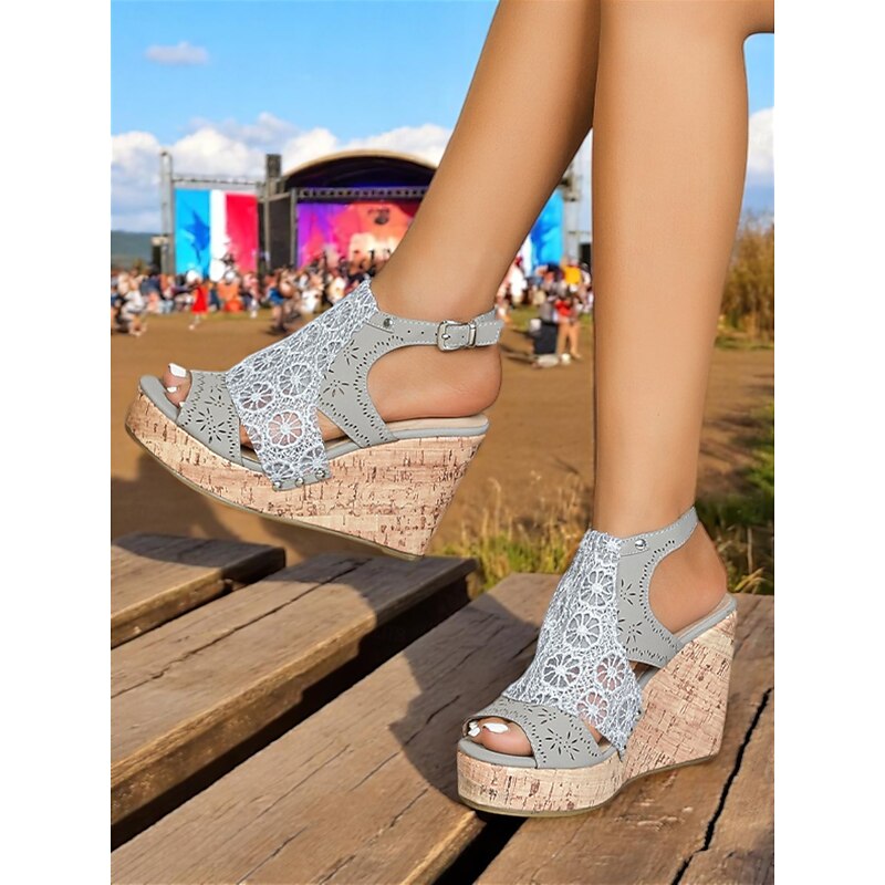Women's Gray Wedge Sandals with Cutout Lace Design and Cork Platform – Boho Style Summer Shoes for Festivals, Outdoor Parties, and Casual Wear2