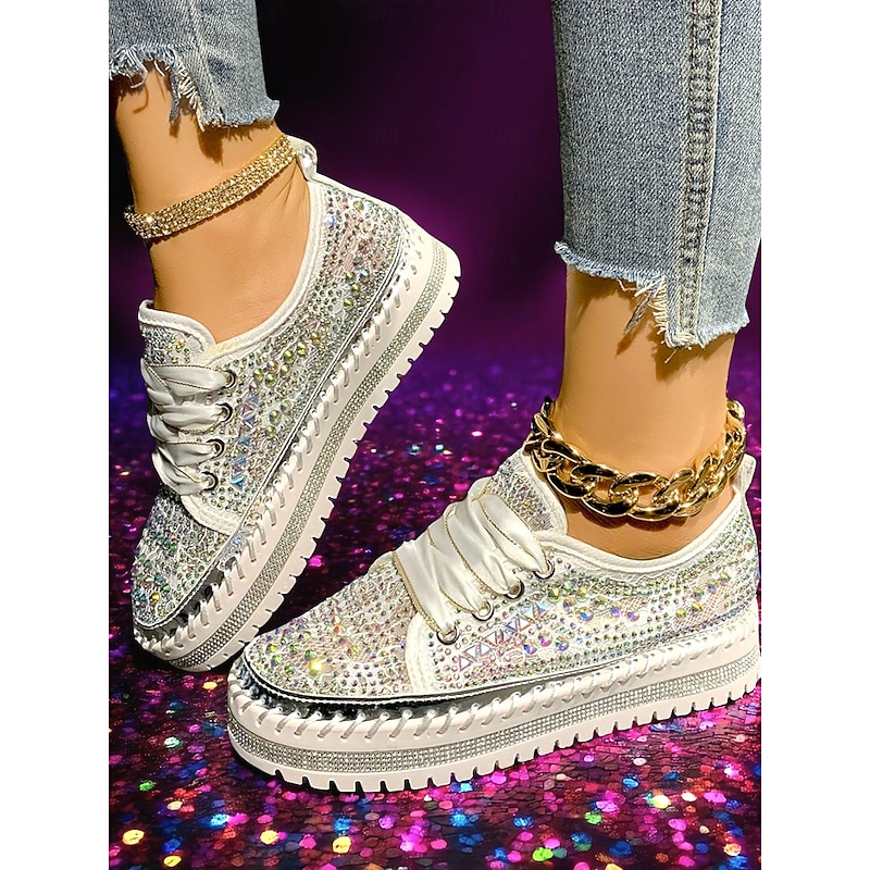 Women's Sparkling Rhinestone Sneakers with Silver Accents, Platform Lace-Up Shoes for Nightlife Parties and Glamorous Looks2