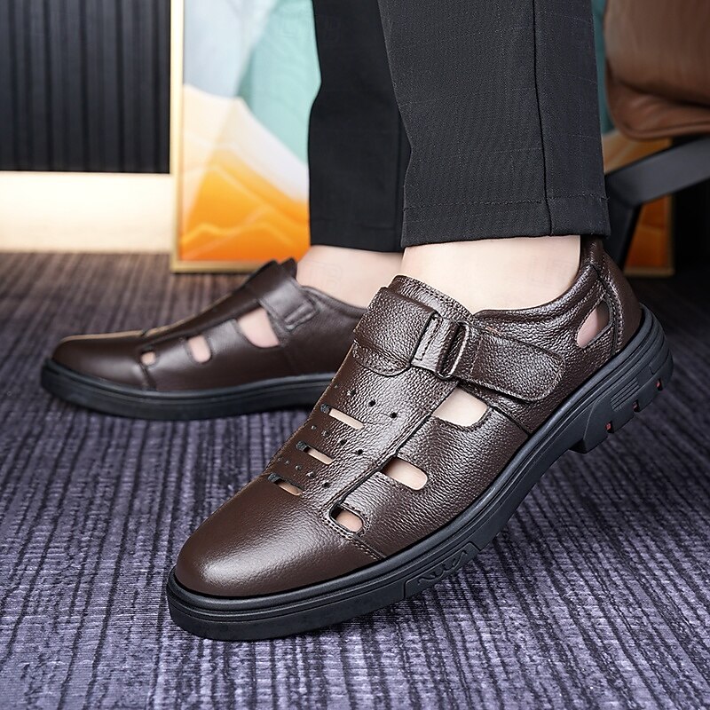 Men's Dark Brown Faux Leather Fisherman Sandals Adjustable Velcro Strap with Cushioned Sole Comfortable for Daily Wear Travel and Beach4