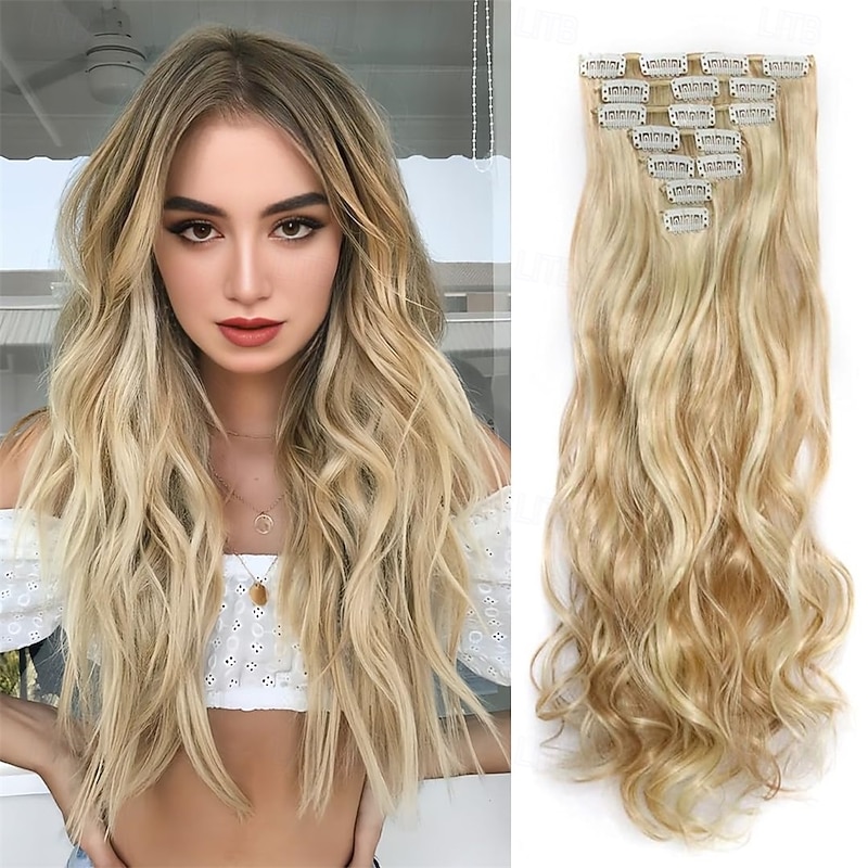 22 Inch Clip In Hair Extensions 7 PCS Long Wavy Synthetic Hair Extension & Natural Soft Invisible Clip Thick Hairpieces for Women Daily