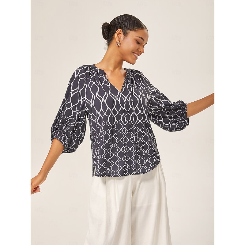 Monochrome Print Lantern Sleeve Top