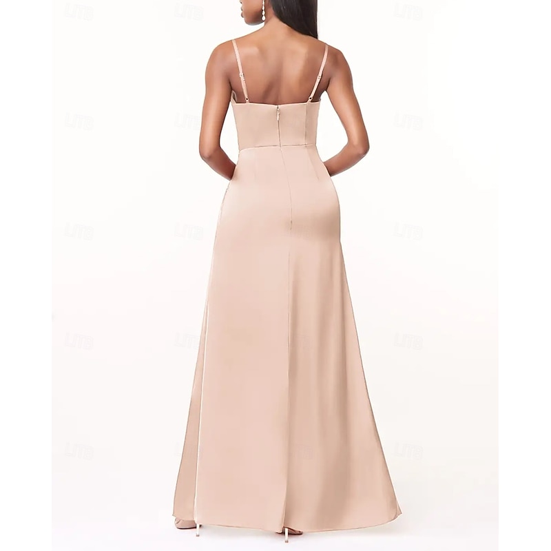 A-Line Bridesmaid Dress V Neck / Spaghetti Strap Sleeveless Elegant Floor Length Charmeuse with Split Front / Ruching2