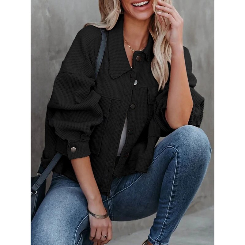 Women's Casual Jacket Comfortable Breathable Pocket Buttons Casual Plain Vacation Street Casual Daily Wear Single Breasted Short Turndown Regular Fit Long Sleeve Outerwear Black White Green Spring4