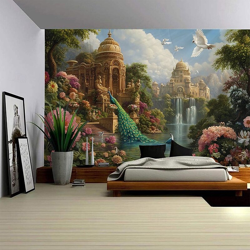 Beautiful Flowers Peacock Castle Architectural Landscape Hanging Tapestry Mural Art Large Tapestry Mural Decoration Photos Background Carpet Curtains Home Bedroom Living Room Decoration