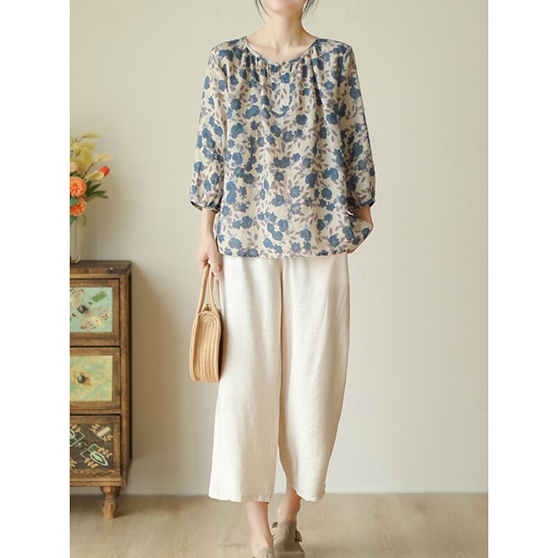 Women's Cotton Linen Shirts Floral Basic Casual 3/4 Length Sleeve Crew Neck Regular Tops Daily Print Blue Summer4