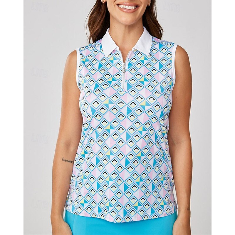 Women's Graphic Plaid / Check Sport Shirt Golf Polo Shirt Tennis Shirt Sleeveless Zipper High Elasticity Moisture Wicking Breathable Tennis Golf Pickleball Turndown Zip Collar Shirt Top Blue Tennis