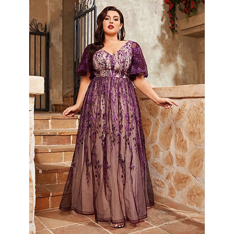 A-Line Evening Gown Elegant Dress Formal Wedding Floor Length Short Sleeve V Neck Tulle with Floral Print