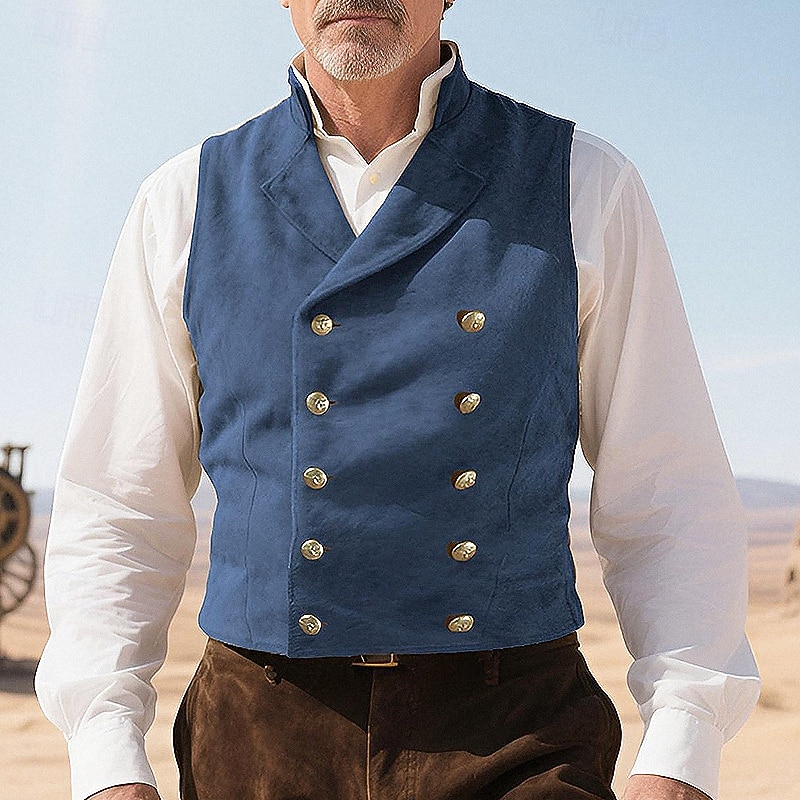 Men's Faux Suede Vest Vest Waistcoat Gilet Vacation Party Business Vintage Spring Fall Pocket Buttons Polyester Comfortable Solid Color Double Breasted Lapel Regular Fit Black Light Brown Blue Rose