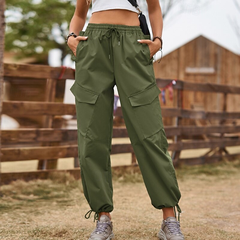 Women's Cargo Pants Slacks Streetwear Casual Full Length Natural Plain Pocket Elastic Drawstring Design Comfy Outdoor Comfortable Sports & Outdoor Street Holiday Black Army Green Khaki Summer Regular