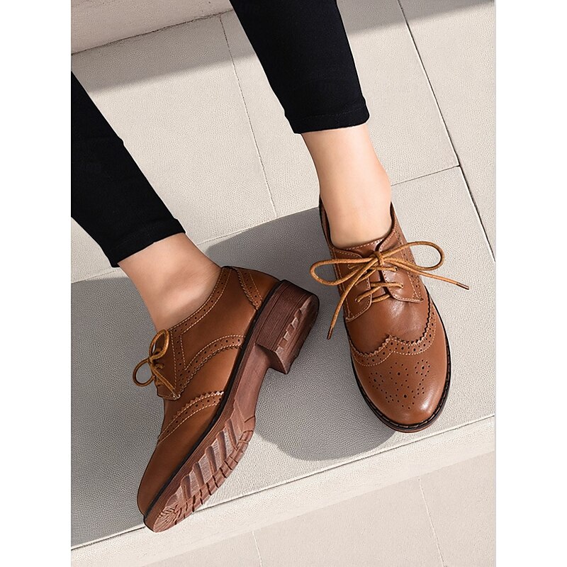 Women's Brown Faux Leather Brogue Oxford Shoes – Classic Wingtip Lace-Up Flats for Work, Daily Office Wear and Fall Outings4