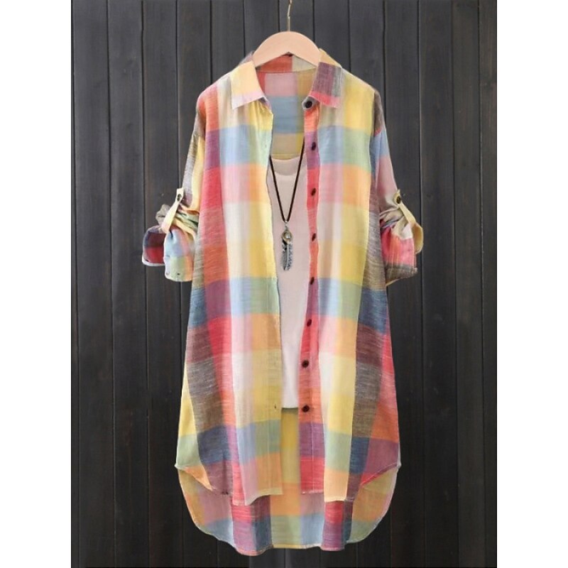 Women's Shacket Comfortable Breathable Buttons Print Casual Plaid Vacation Street Casual Daily Wear Single Breasted Long Turndown Regular Fit Long Sleeve Outerwear Black And White Red Blue Spring Fall4