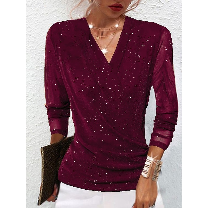 Women's Blouse Solid Color Stylish Casual Long Sleeve V Neck Regular Tops Daily Mesh Patchwork Black Red Camel Purple Brown Summer Spring4