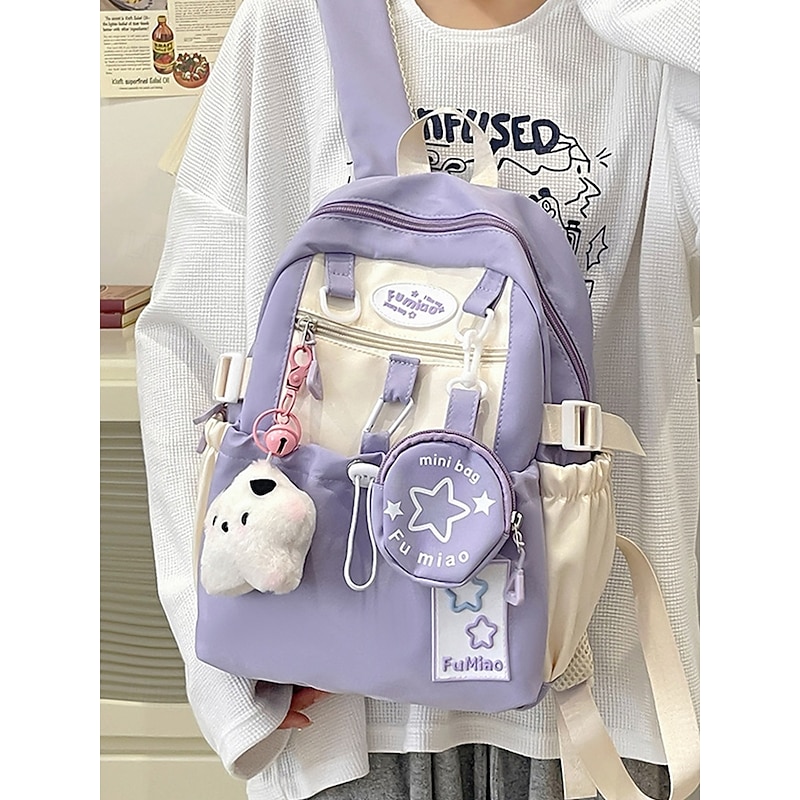 Girls Cute Macaroon Color Campus Backpack - Lightweight School Bag with Plush Pendant and Mini Pouch for Teens and College Students2