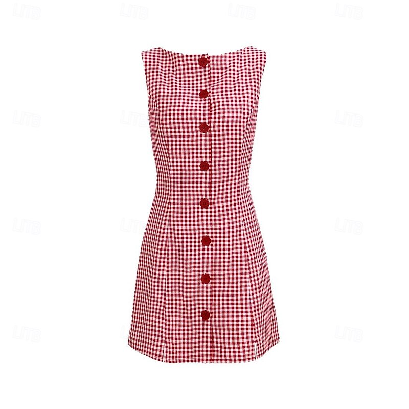 Retro Vintage 1950s 1960s Mini Dress Sleeveless Button Down Gingham Fancy Dress Women's Carnival Vacation Casual Daily Picnic Adults Dress Summer2