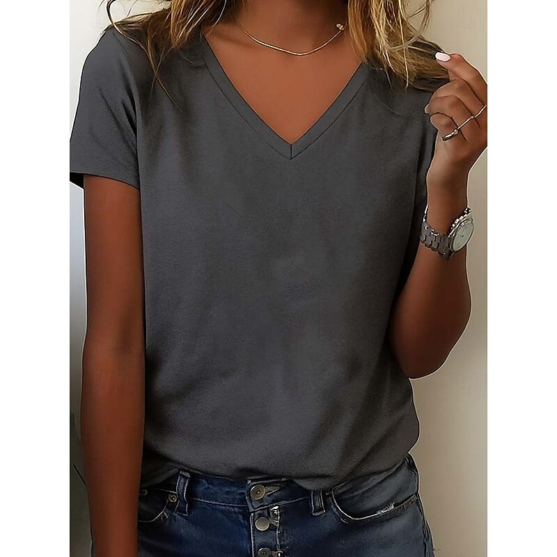Women's 100% Cotton T Shirt Fashion Basic Casual Short Sleeve V Neck Regular Tops Daily Black White Gray Spring, Fall, Winter, Summer3