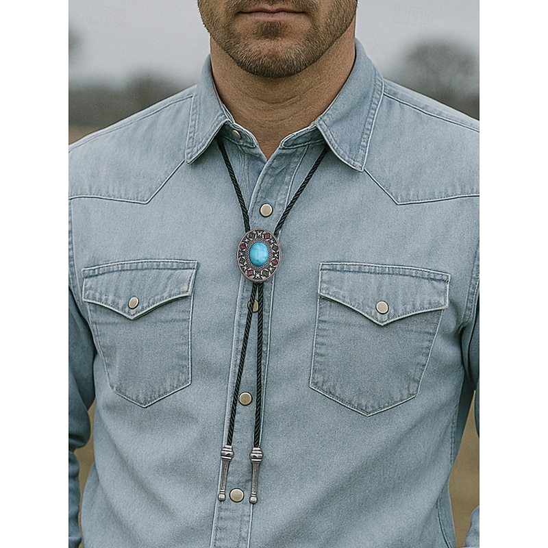 Men's Turquoise Bolo Tie Necklace – Western Cowboy Vintage Style Leather Rope Neckwear with Metal Pendant for Rodeo Weddings and Country Music Events2