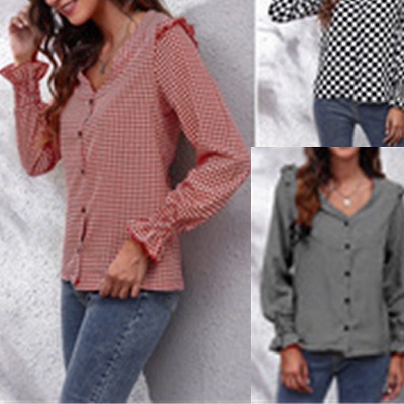 Women's Summer Tops Chiffon Tops Plaid Daily Stylish Basic Long Sleeve V Neck Regular Tops Work Daily Holiday Print Black And White Black Red Spring Fall
