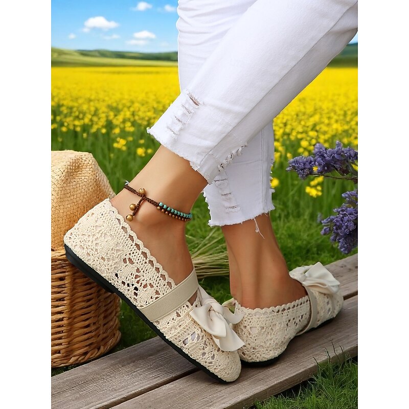 Women's Wide Width Crochet Lace Flats with Bow – Lightweight Romantic Style for Garden Dates, Summer Picnics and Casual Outdoor Events4
