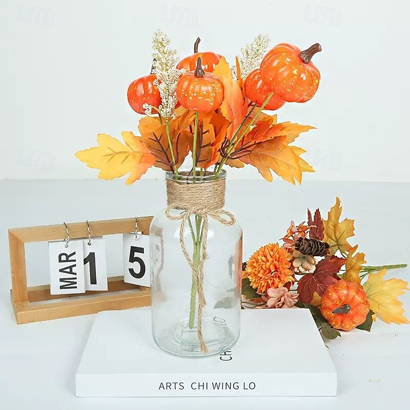 1 Bundle Fall Pumpkin and Maple Leaf Pick, Artificial Harvest Season Home Decor, Thanksgiving Autumn Leaf Arrangement
