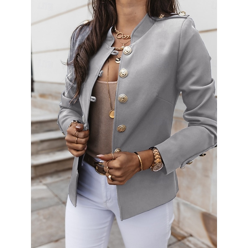 Women's Blazer Breathable Comfortable Pocket Casual Plain Office Street Casual Daily Wear Single Breasted Short Stand Collar Regular Fit Long Sleeve Outerwear Black White Wine Summer4