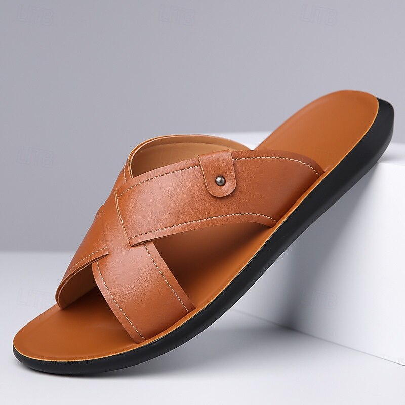 Men's Tan Faux Leather Cross-Strap Sandals Comfortable Slip-On Design with Durable Rubber Sole Ideal for Casual Summer Beach and Outdoor Activities