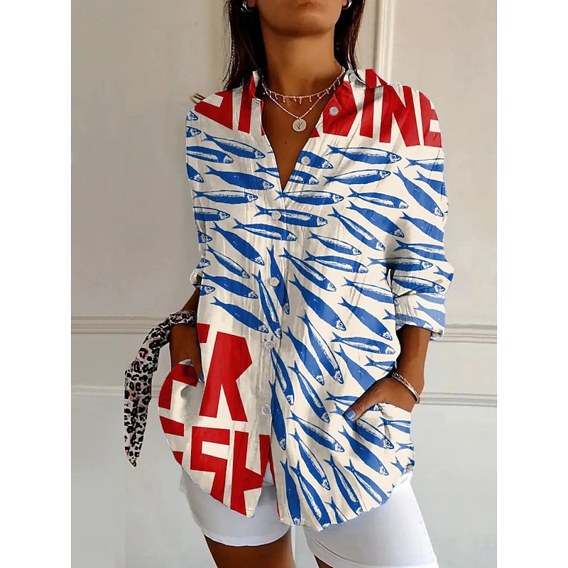 Women's Shirt Animal Cat Active Daily Stylish Long Sleeve Shirt Collar Regular Tops Daily Holiday Buttons Print White Blue Spring Fall3
