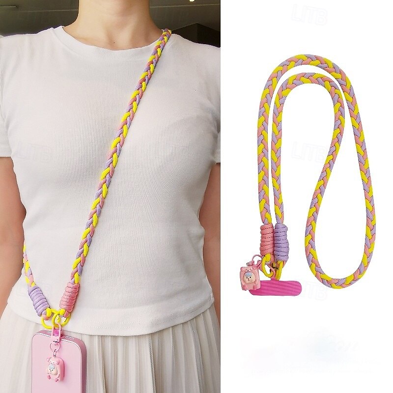New crossbody can carry three strand ponytail mobile phone lanyard for women anti lost phone case lanyard sturdy cartoon pendant mobile phone long rope