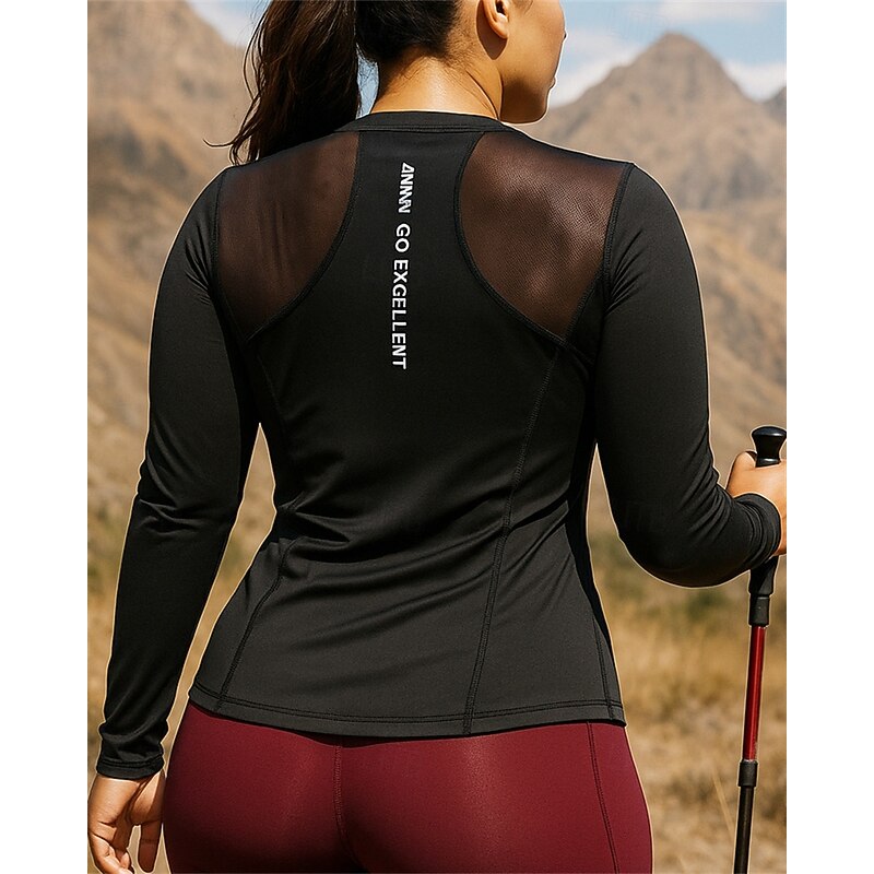 Women's Sport Shirt Hiking Tee shirt Hiking Shirt Long Sleeve Crew Neck Tee Tshirt Top Outdoor Quick Dry Lightweight Elastic Breathable Slim Pullover Polyester Black White Tennis Golf Running
