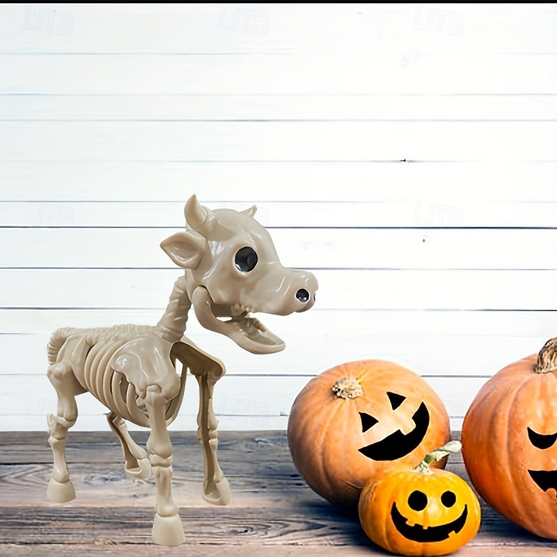 1pc Halloween Cow Skeleton Decor Plastic Bovine Skeleton Statue Outdoor Sculpture Spooky Animal Bones Decorative Prop2