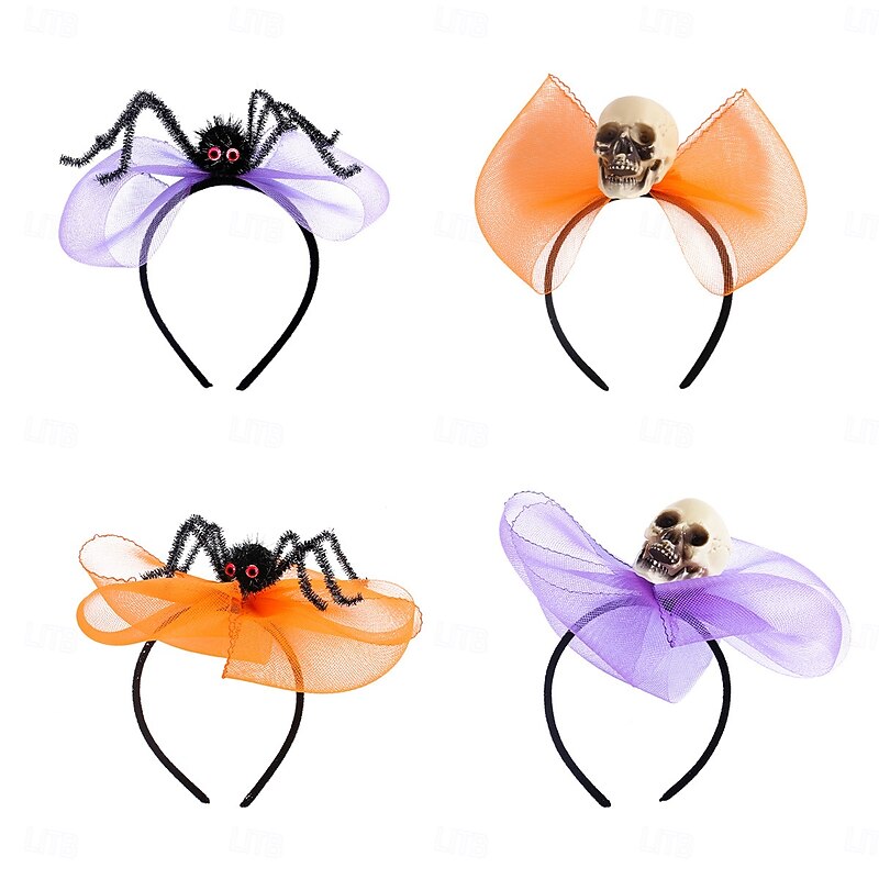 Halloween Headband with Spider Skull Bow and Mesh Veil, Spooky Hair Accessory for Halloween Party, Masquerade, Costume4