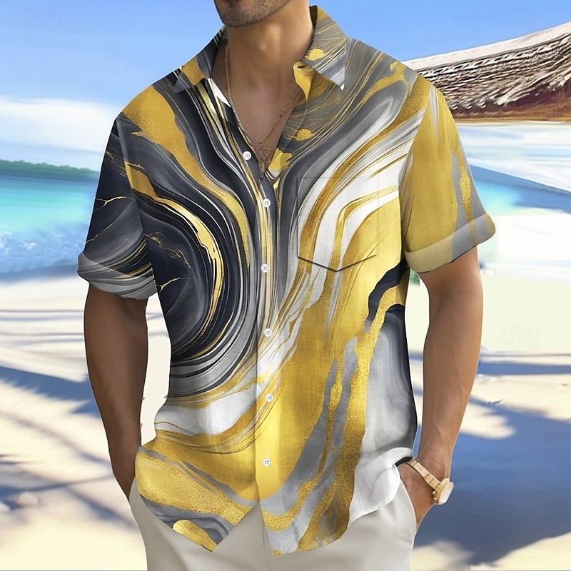 Men's Waves Abstract Marble Shirt Summer Shirt Button Up Shirt Short Sleeve Fashion Casual Outdoor Vacation Dailywear Summer Spring Turndown 3D Print Collared Shirts Front One Pocket Yellow - Main Image