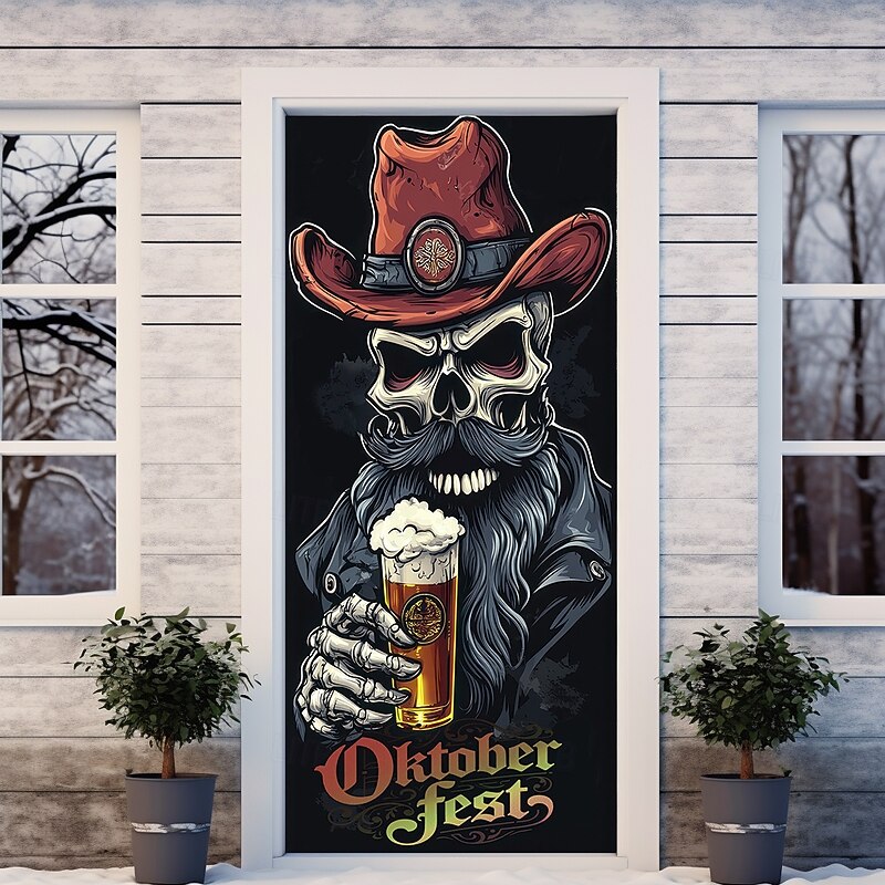 Oktoberfest Door Decorations German Bavarian Beer Skull Door Covers Door Tapestry Decoration Backdrop Indoor/Outdoor Door Banner for Front Door Office Door4