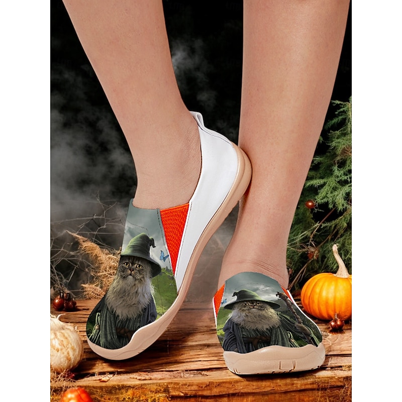 Women's Halloween Cat Print Travel Shoes – Comfortable Slip-On Casual Flats for Walking & Vacation, Lightweight Witch-Themed Footwear for Fall & Holiday Outfits Vincent Hie2
