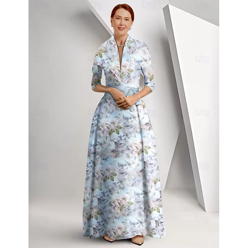 Mother of the Bride A-Line Dress Elegant Queen Anne Neckline Floor Length Satin 3/4 Length Sleeve with Bow(s) Race Day Dress Wedding Guest Dress