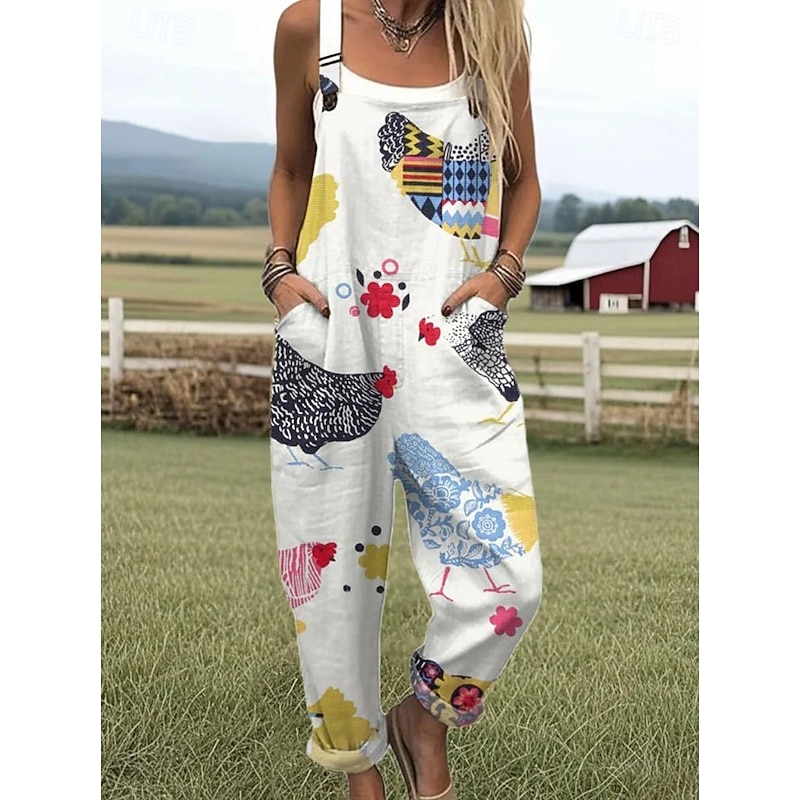 Women's Romper Active Graphic Sleeveless Buttons Vacation Street Loose Fit White Yellow Green Summer