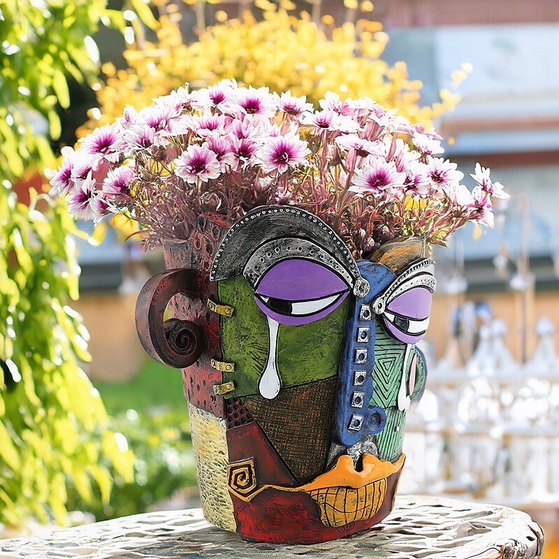 Brutalist Abstract Beauty Face Flower Pot, Colorful Crying Face Resin Planter, Artistic Emotional Sculpture for Home Garden Desktop Patio Decor3