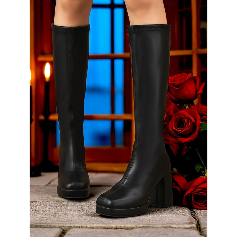 Women's Black Knee-High Platform Boots with Block Heels - 1980s Retro Gothic Faux Leather Costume Footwear for Halloween,Rock Music Festivals,and Night Party Outfits4