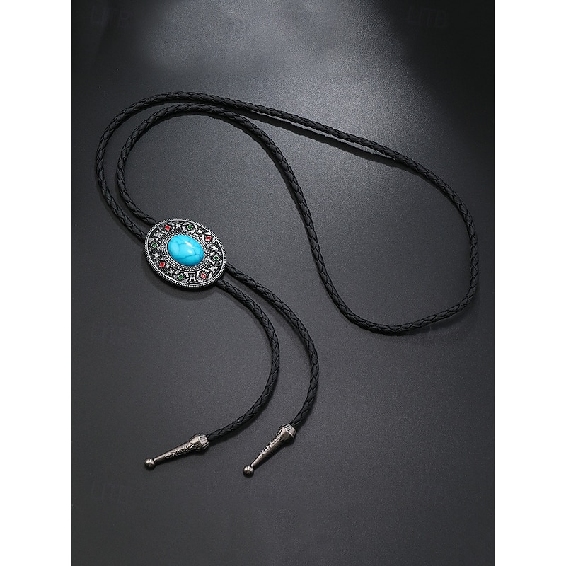 Men's Turquoise Bolo Tie Necklace – Western Cowboy Vintage Style Leather Rope Neckwear with Metal Pendant for Rodeo Weddings and Country Music Events4