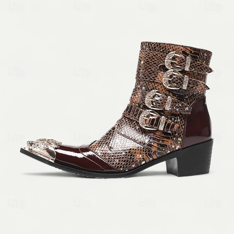 Men's Brown Crocodile-Pattern Leather Ankle Boots with Gold Tip Buckle Straps–Trendy Western-Inspired Footwear for Casual and Outdoor Wear4