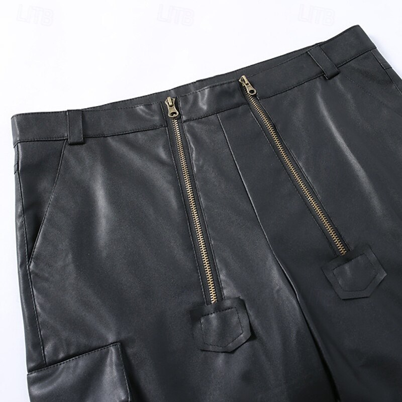 Men's Shorts Summer Shorts Casual Shorts Faux Leather Shorts Zipper Pocket Plain Comfort Breathable Short Outdoor Vacation Fashion Casual Black4