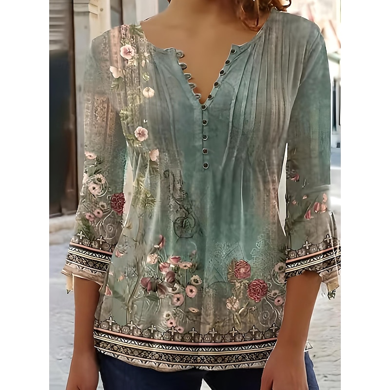 Women's Blouse V Neck Ombre Floral Graphic Elegant 3/4 Length Sleeve Regular Tops Daily Going out Buttons Sage Green White Blue Purple Green Summer Spring Fall3
