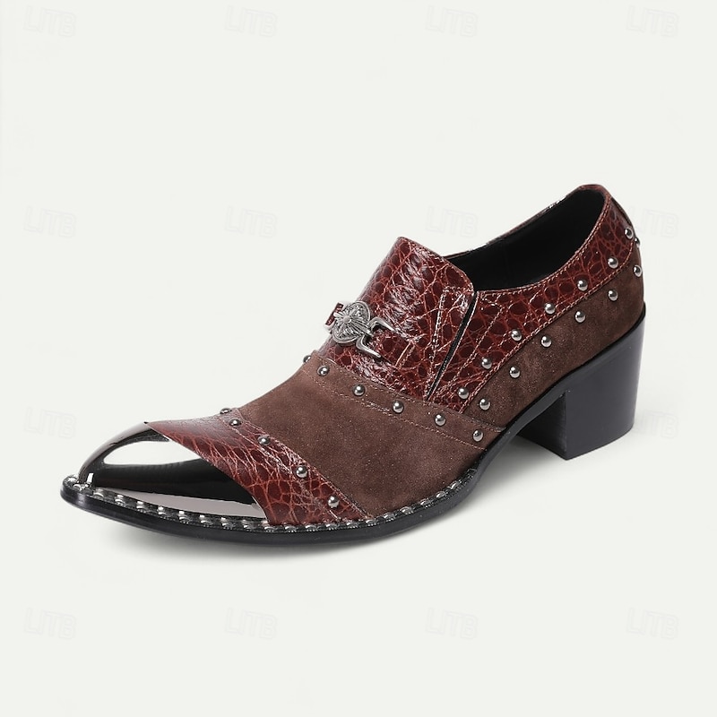 Men's Brown Gothic Leather Dress Shoes–Premium Cowhide Party Footwear with Gold Tip Studded Details Buckle Strap and Pointed Steel Toe for Luxury Balls Costume Dinners and Evening Celebrations3