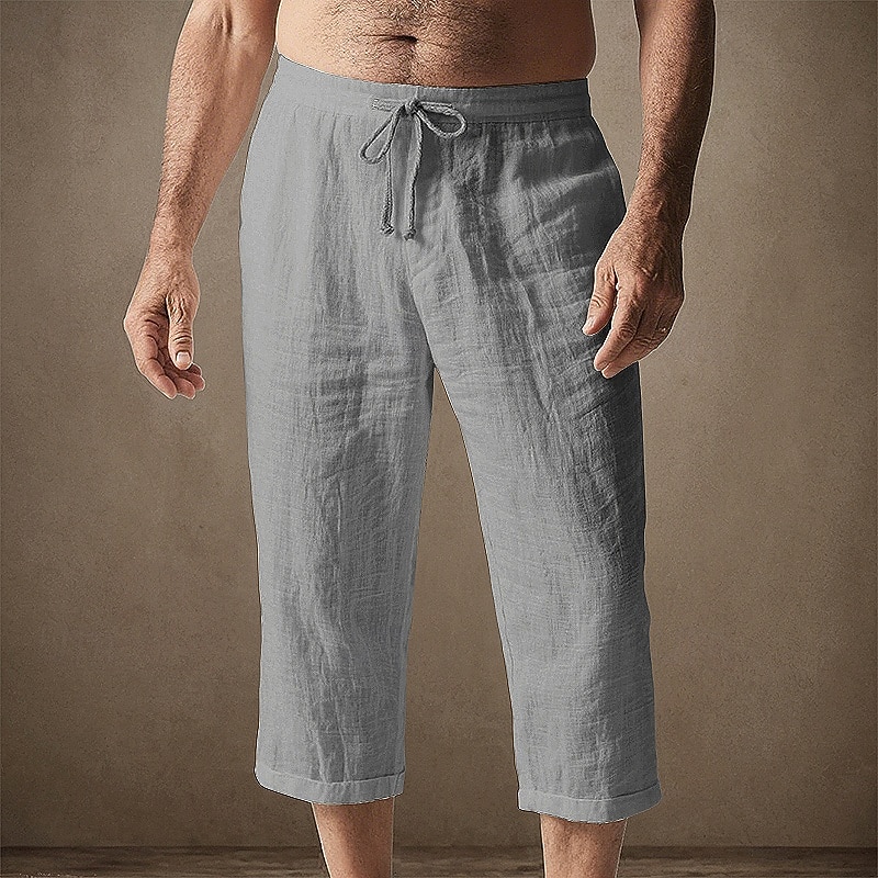 Men's Capri Pants Linen Shorts Summer Shorts Beach Shorts Pocket Elastic Waist Drawstring Plain Comfort Breathable Calf-Length Vacation Holiday Beach Hawaiian Boho Black White4