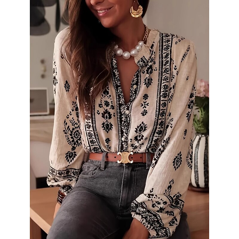 Women's Shirt Button Down Blouse Floral Bohemia Vintage Stylish Long Sleeve Shirt Button Down Blouse Collar Regular Tops Daily Holiday Buttons Print Black Apricot Summer Spring