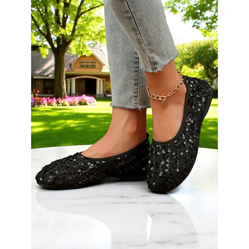Women's Glitter Sequin Wide-Toe Ballet Flats, Soft Slip-On Barefoot Shoes for Evenings, Weddings and Elegant Garden Gatherings2