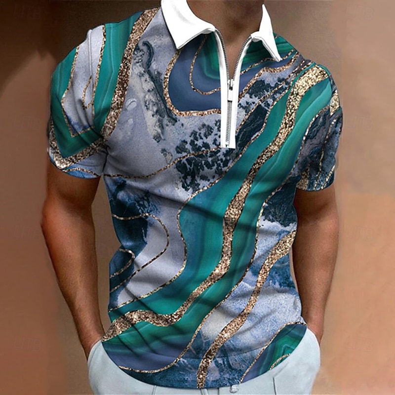 Men's Abstract Marble Zip Polo Short Sleeve Turndown Casual Daily Trendy Sports & Outdoor Athleisure Casual Daily Zipper Summer Black Green ash-colored3